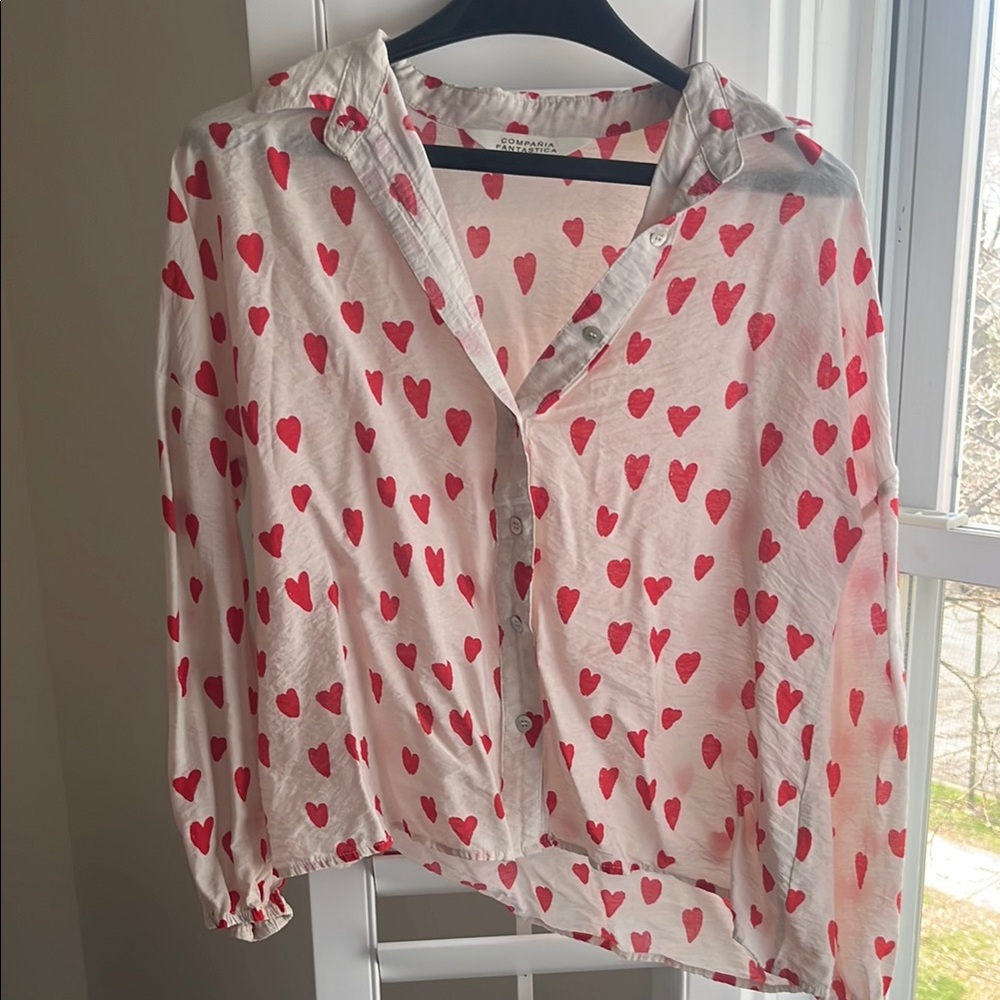 Heart Print Button-Up Shirt - Red Hearts on Cream